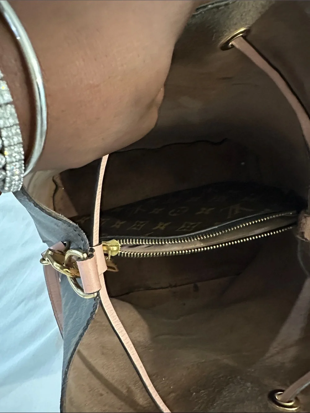 Louis Vuitton Brown Monogram Bucket Bag with Pink Trim